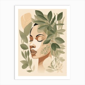 Woman With Green Leaves Art Print