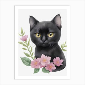 Black Cat With Flowers Art Print