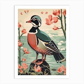 Vintage Bird Linocut Wood Duck 2 Art Print