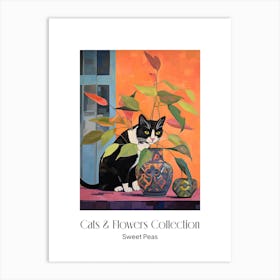 Cats & Flowers Collection Sweet Pea Flower Vase And A Cat, A Painting In The Style Of Matisse 3 Art Print