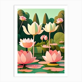 Lotus Flowers In Park Scandi Cartoon 2 Art Print