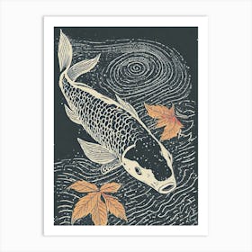 A Carp Koi Pond Reflecting Autumn Leaves Ukiyo-E Style Art Print