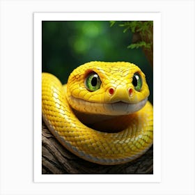 Yellow Baby Snake With Green Eyes 3d Animated Expressing Surprise While Intricately Tied Into A Kn Art Print