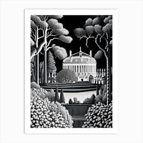 Schönbrunn Palace Gardens, Austria Linocut Black And White Vintage Art Print