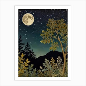 Night Sky With Trees And Moon Style William Morris Art Print Art Print