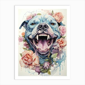 Blue Dog With Roses Art Print