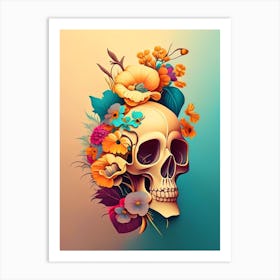 Skull With Tattoo Style Artwork 1 Primary Colours Vintage Floral Art Print