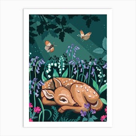 Sleepy Fawn In Bluebell Woods Art Print