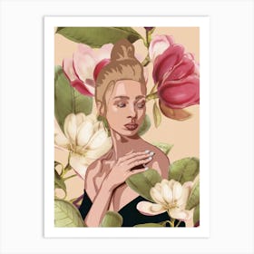 Woman With Magnolia Flowers Art Print