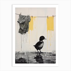 Black Duckling Under A Washing Line Yellow Paint Drip Art Print