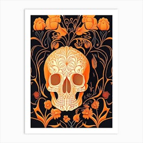 Skull With Floral Patterns 1 Orange Line Drawing Art Print