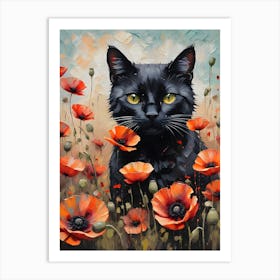 Black Cat Amongst Red Poppies - Oil and Palette Knife Painting of A Beautiful Black Cat Sitting Among the Summer Poppy Flowers - Kitty, Cat Lady, Pagan, Feature Wall, Witch, Fairytale Tarot Bastet Colorful Painting in HD Art Print
