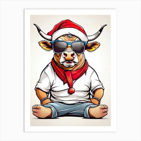 Bull Christmas Hat Art Print