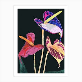 Neon Flowers On Black Flamingo Flower 3 Art Print
