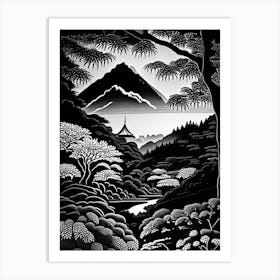 Kairakuen, Japan Linocut Black And White Vintage Art Print