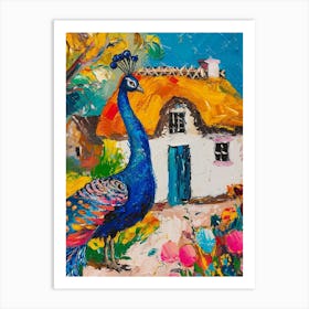 Peacock By A Thatched Cottage Textured Painting 2 Art Print