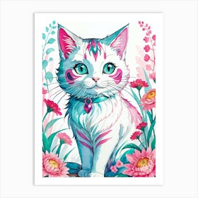 Floral Cat Painting (19) Art Print
