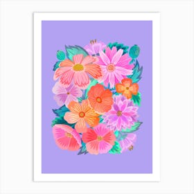 Pink Flowers On A Purple Background Art Print