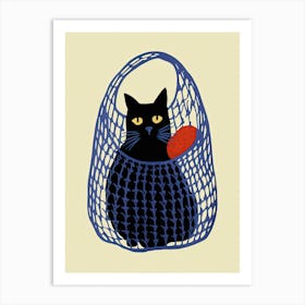 Black Cat In A Blue Net Bag With One Orange Art Print