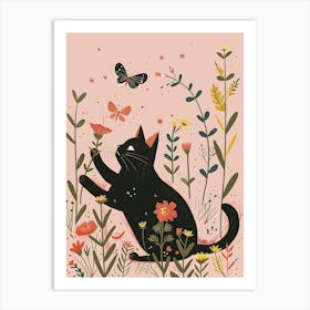 Black Cat With Flowers Art Print