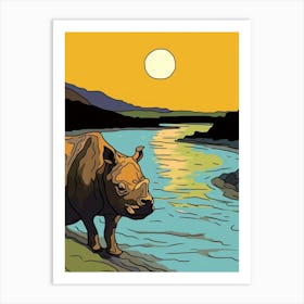 Simple Rhino Line Illustration By The River 2 Art Print