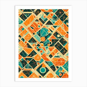 A Vibrant Retro Futuristic Seamless Pattern featuring geometric shapes with shades of blue and orange, 275 Art Print