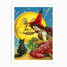 Young Witch With Her Cat And A Big Yellow Moon Art Print