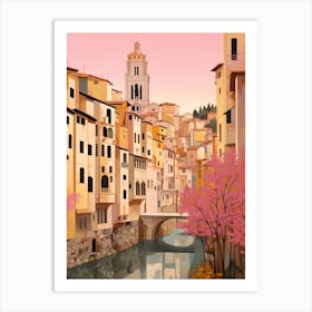 Girona Spain 1 Vintage Pink Travel Illustration Art Print