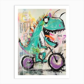 Dinosaur On A Bike Pink Purple Graffiti Style Illustration 3 Art Print