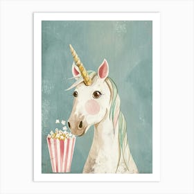 Cute Pastel Unicorn Eating Popcorn Blue Background 4 Art Print