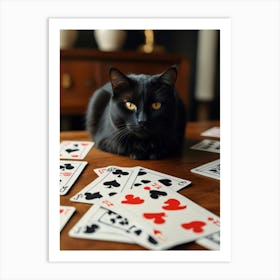 Black Cat With Playing Cards Art Print