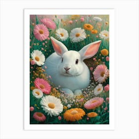 White Rabbit In Daisies Art Print