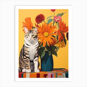 Zinnia Flower Vase And A Cat, A Painting In The Style Of Matisse 0 Art Print