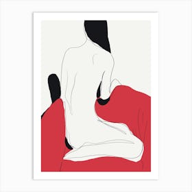 Nude Woman Sitting On Red Couch Art Print