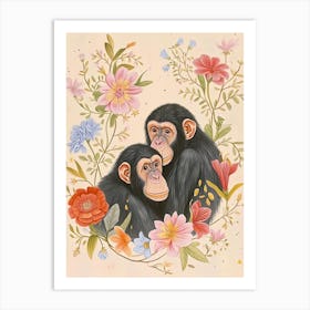 Folksy Floral Animal Drawing Chimpanzee Art Print
