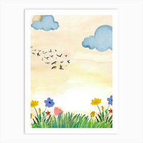 Watercolor Background With Birds And Flowers Art Print