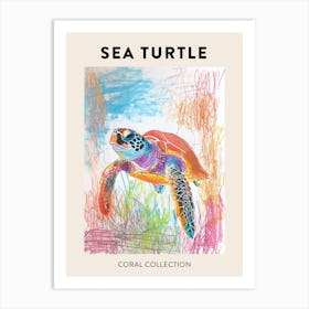 Sea Turtle With Marine Plants Scribble Poster 3 Art Print
