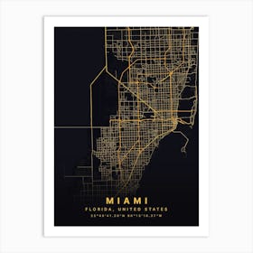 Miami Florida USA Black And Gold Map Póster