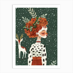 Christmas Girl With Deer Art Print