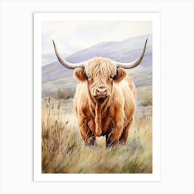 Curious Highland Cow In Field With Rolling Hills Watercolour 1 Art Print