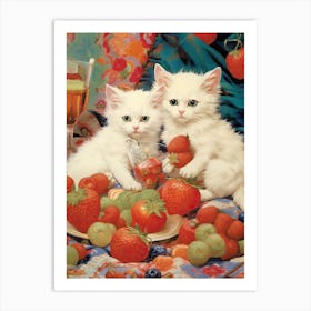 White Cats Picnic Illustration Kitsch 1 Art Print