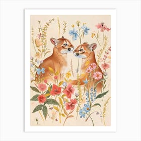 Folksy Floral Animal Drawing Puma 4 Art Print