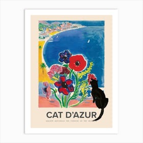 Black Cat, Cat D Azur In The Style Of Visitez Cote D Azur Vintage Travel Poster Art Print