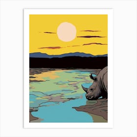 Rhino Drinking Water From The Lake In The Sun Art Print