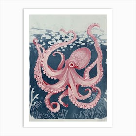 Navy Blue & Red Linocut Inspired Octopus 5 Art Print