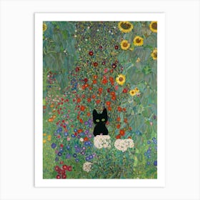 Gustav Klimt Style, Farm Garden With Sunflowers And A Black Cat 2 Art Print Art Print