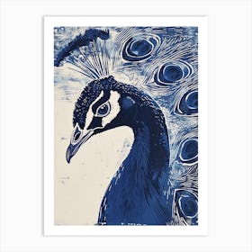 Navy & White Close Up Peacock Portrait Art Print