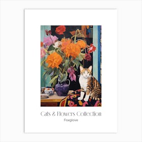 Cats & Flowers Collection Foxglove Flower Vase And A Cat, A Painting In The Style Of Matisse 3 Art Print