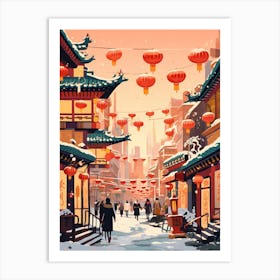 Vintage Winter Travel Illustration Beijing China 3 Art Print