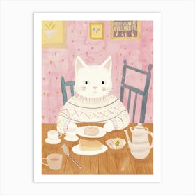 White Cat Having Breakfast Folk Illustration 1 Art Print